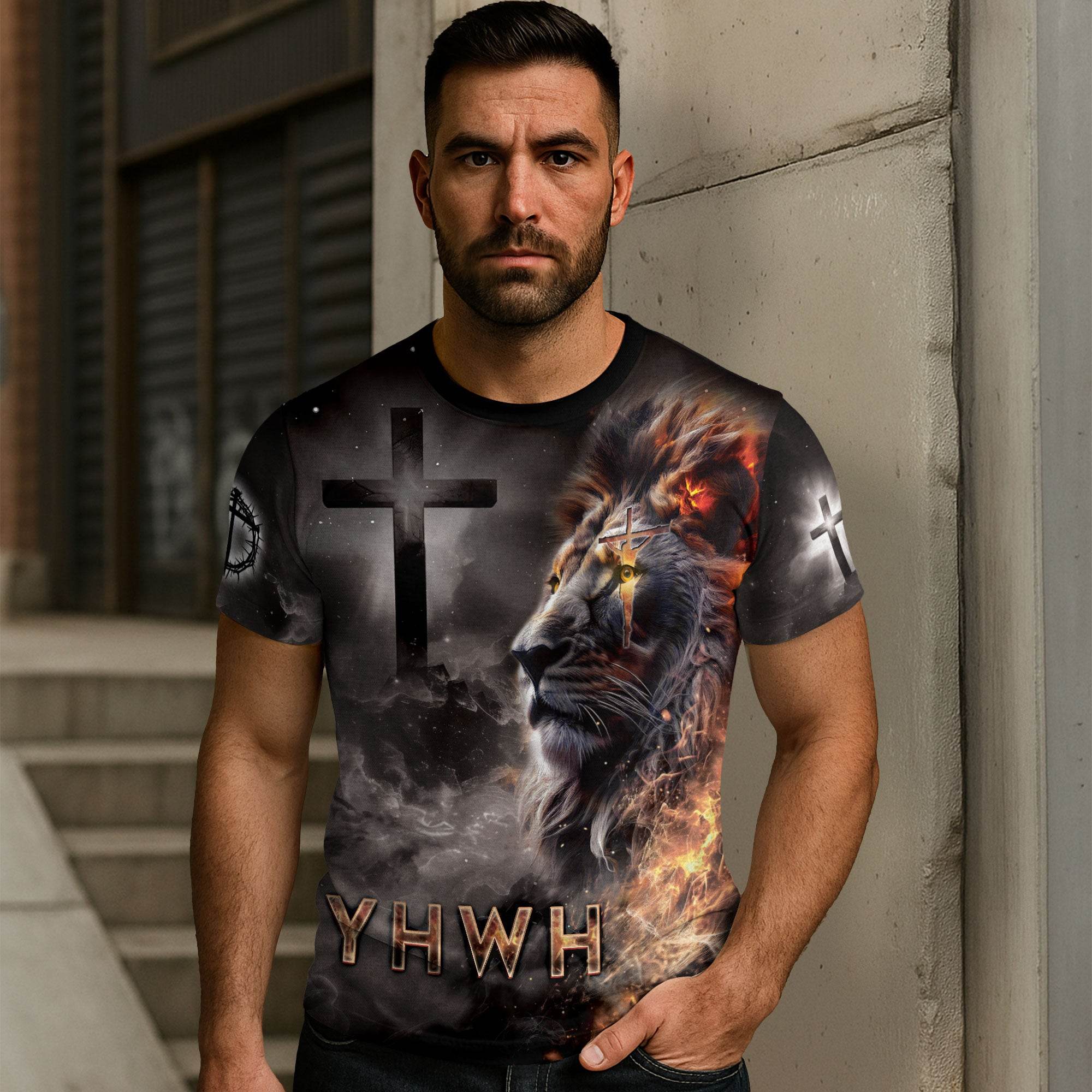 YHWH Lion of Judah & Fiery Cross Christian T-Shirt