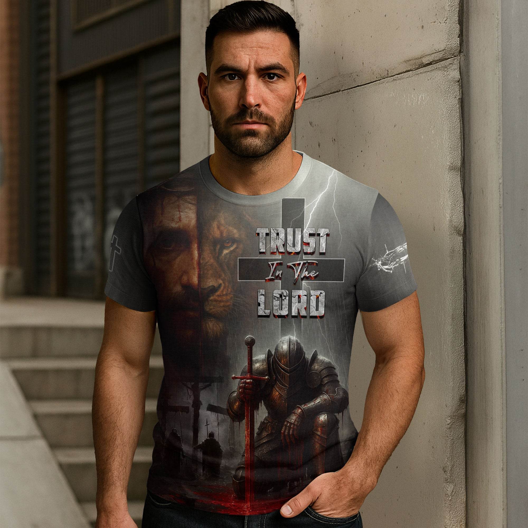 Trust In The Lord Knight & Lion Christian Cross T-Shirt
