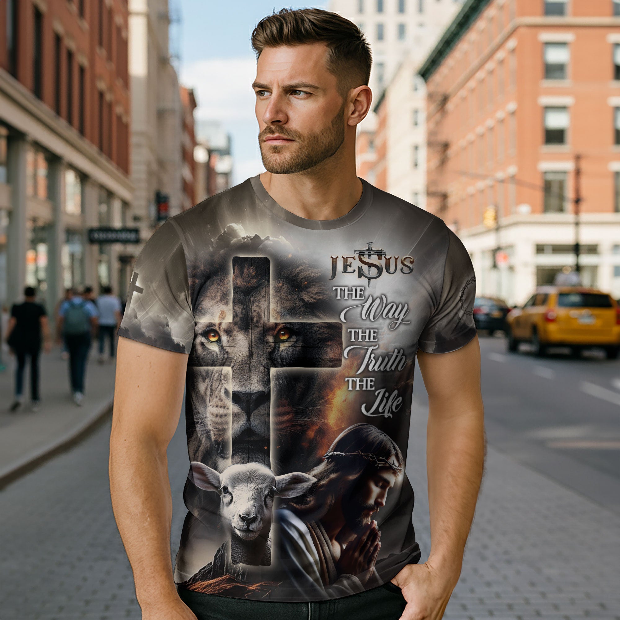 Jesus The Way The Truth The Life Lion Lamb Cross T-Shirt
