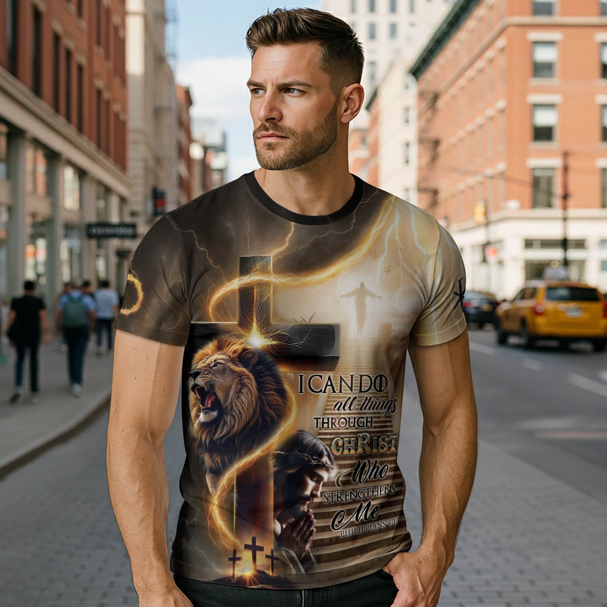 I Can Do All Things Through Christ Lion Cross Lightning T-Shirt