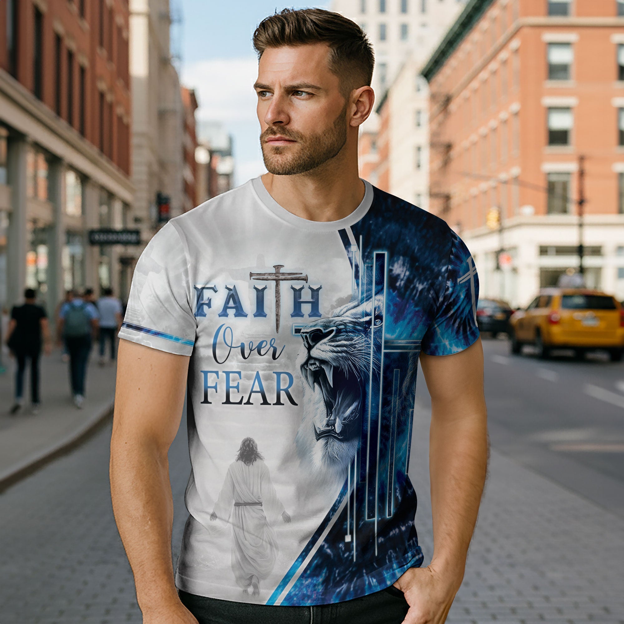 Faith Over Fear Blue Lion & Cross Christian T-Shirt