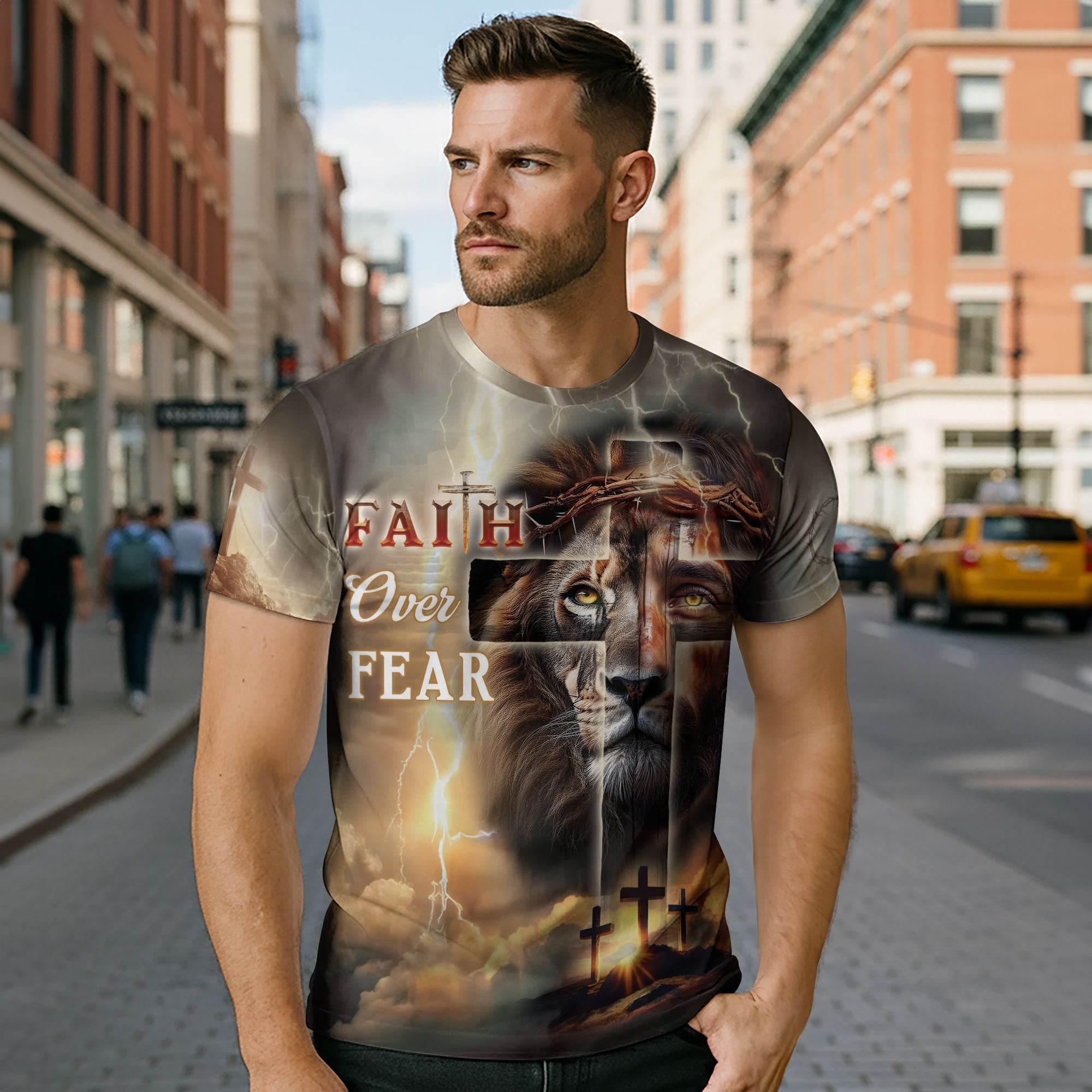 Faith Over Fear Lion & Cross Lightning Christian T-Shirt
