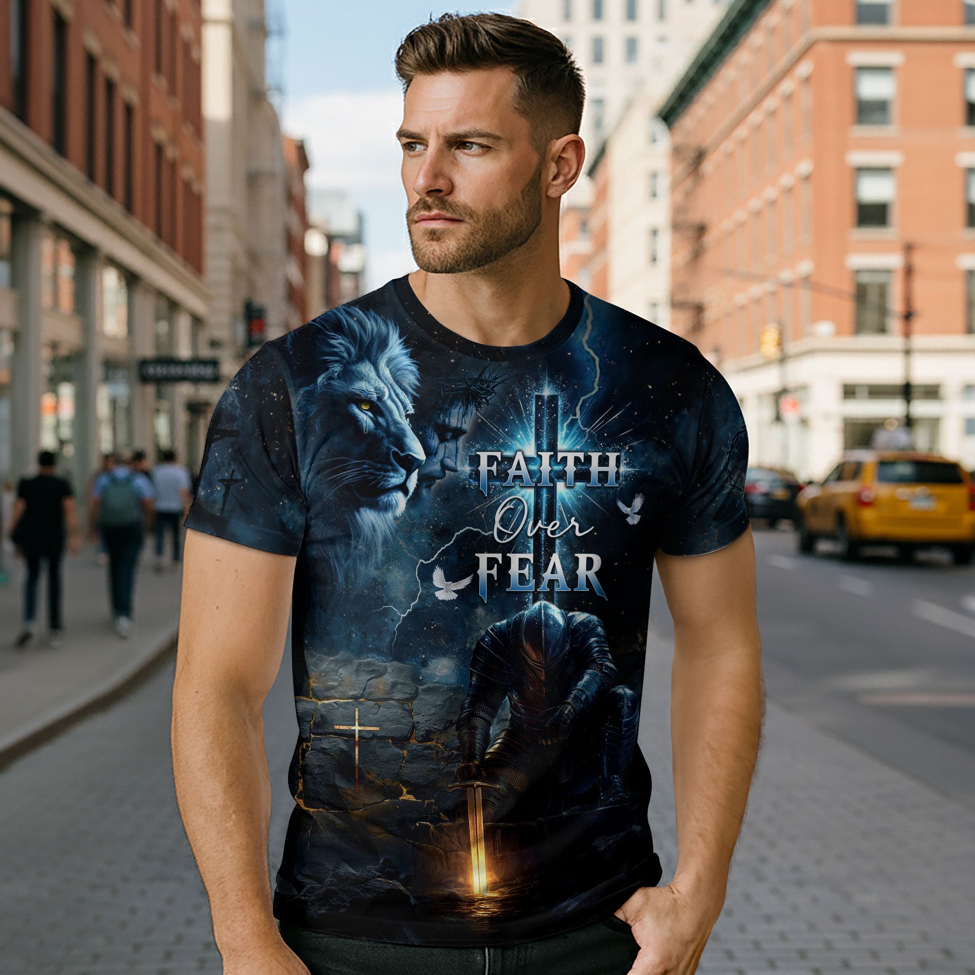 Faith Over Fear Christian T-Shirt Lion Cross Warrior Blue Night Design