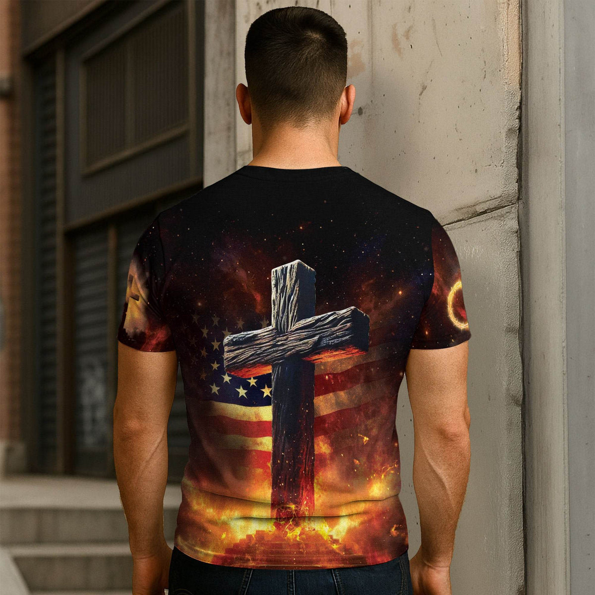 One Nation Under God Fire Cross Lion Christian T-Shirt