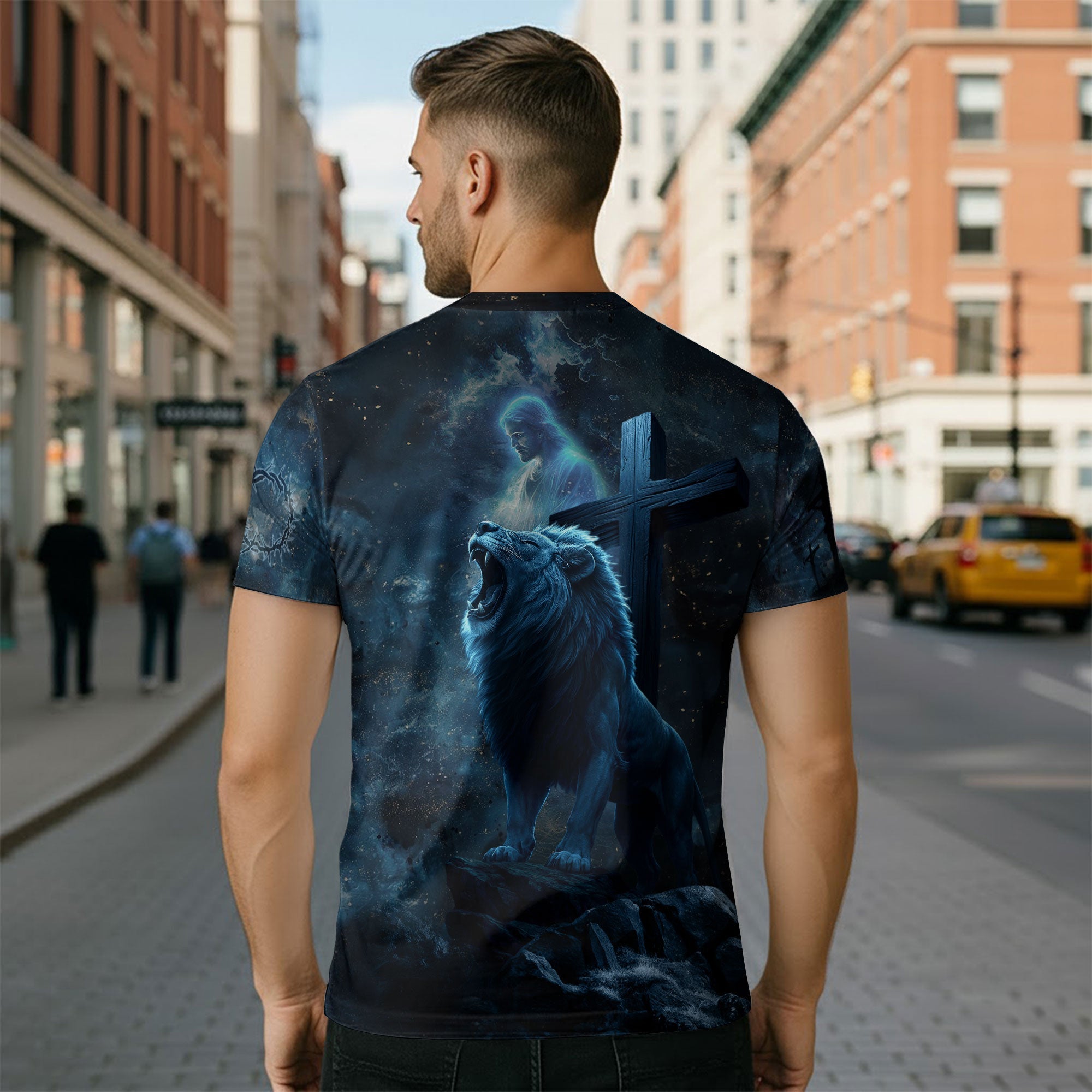 Faith Over Fear Christian T-Shirt Lion Cross Warrior Blue Night Design
