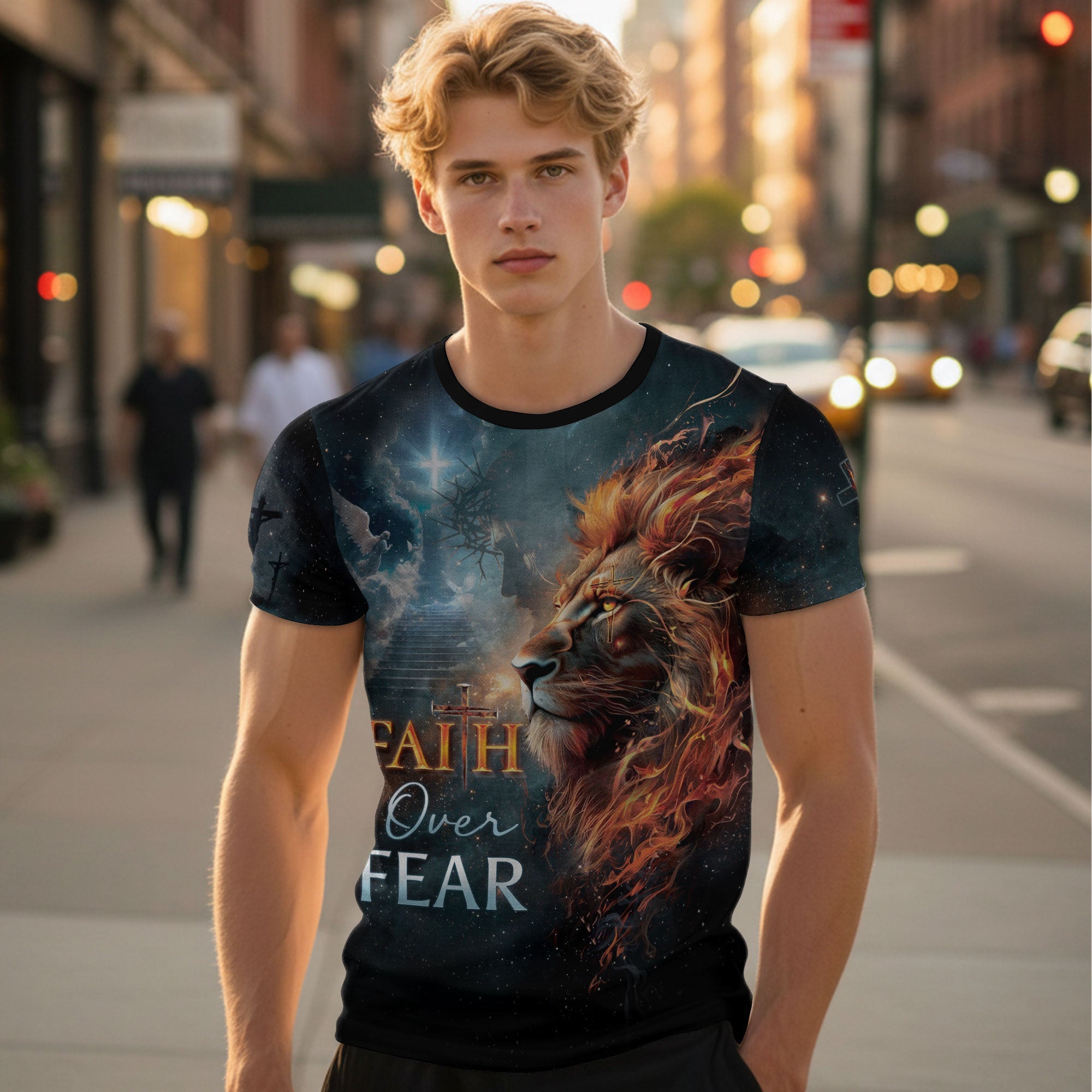 Faith Over Fear Christian T-Shirt Lion Cross Fire Galaxy Design