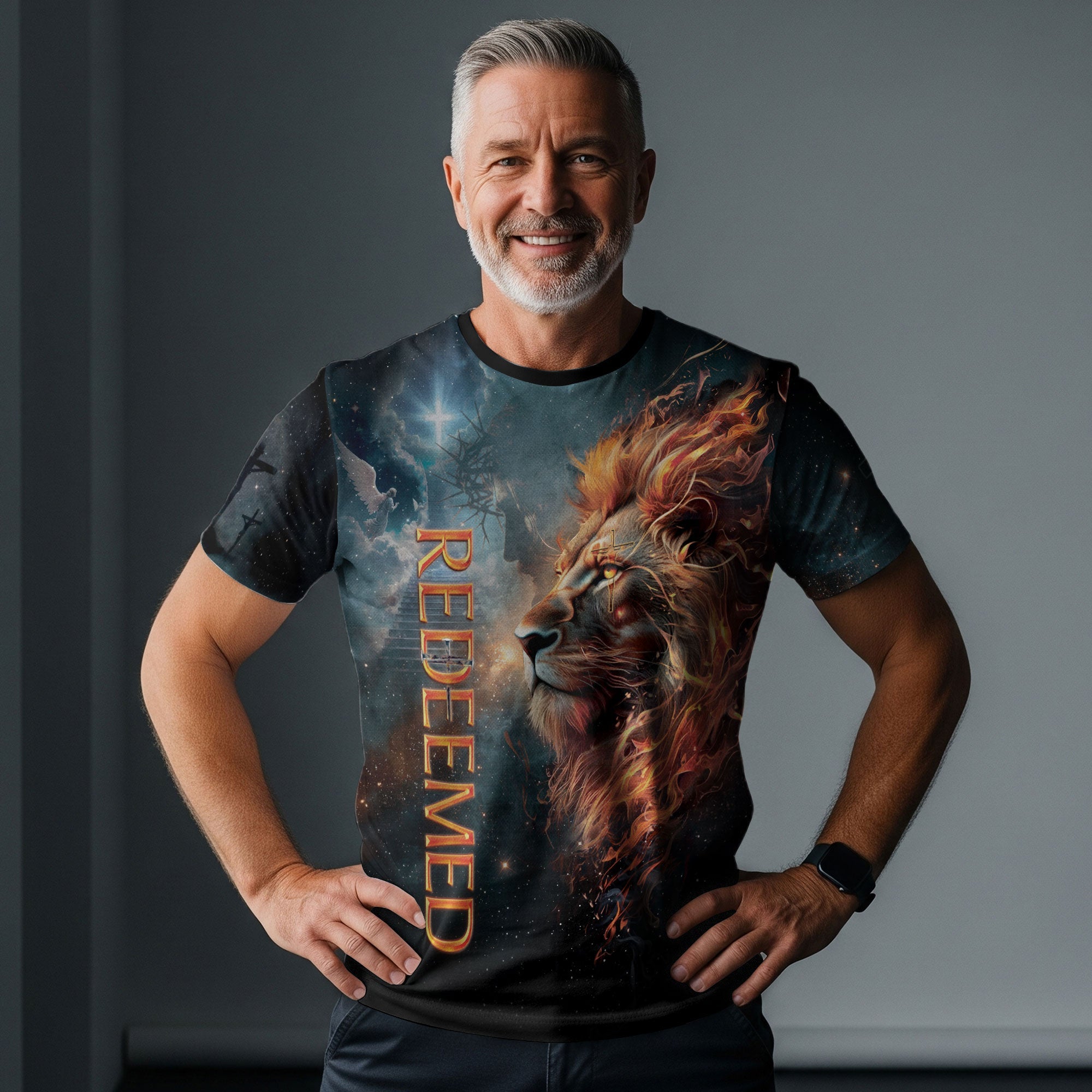 Redeemed Christian T-Shirt Lion Cross Fire Galaxy Design