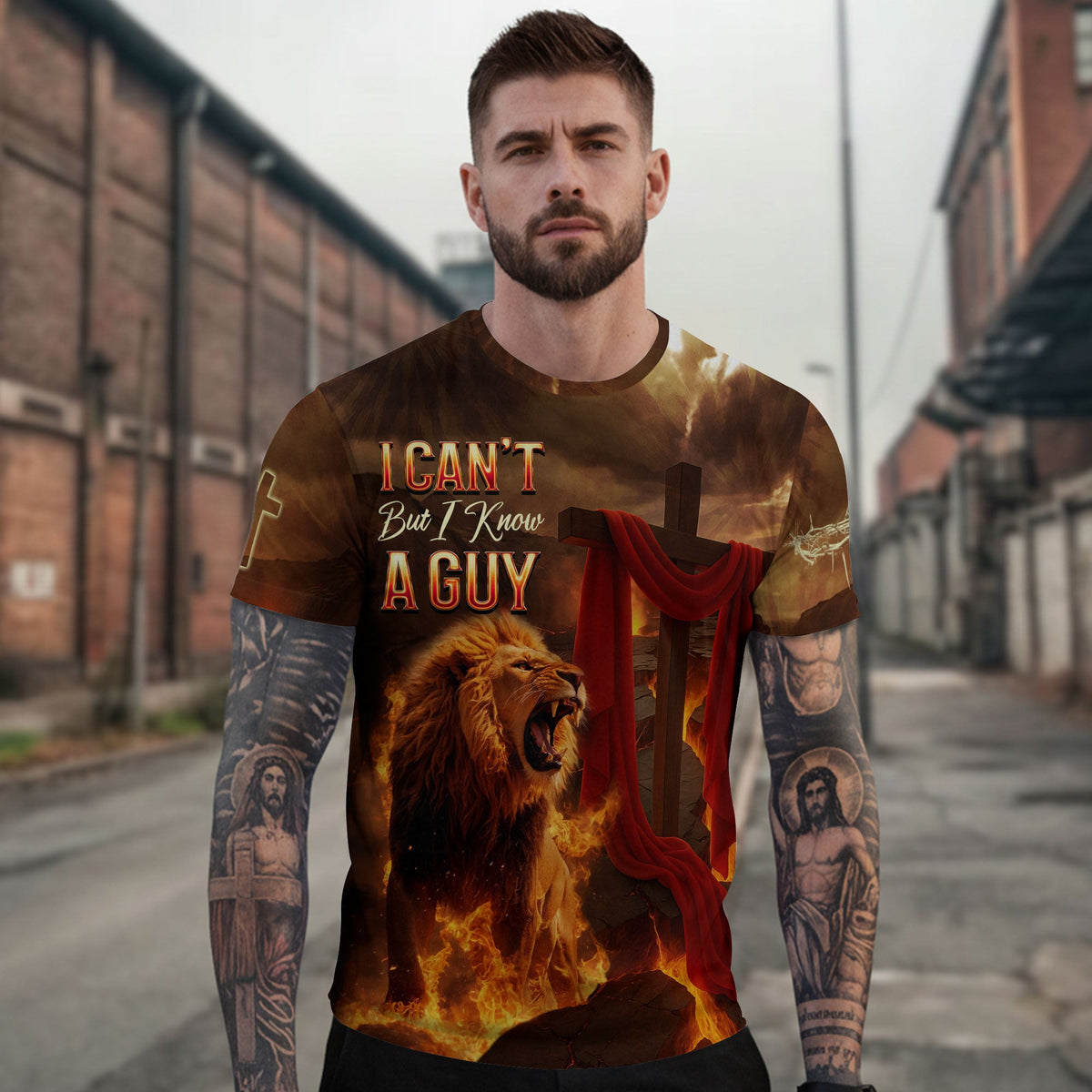 I Can’t But I Know A Guy Lion of Judah Fire Cross Christian T-Shirt