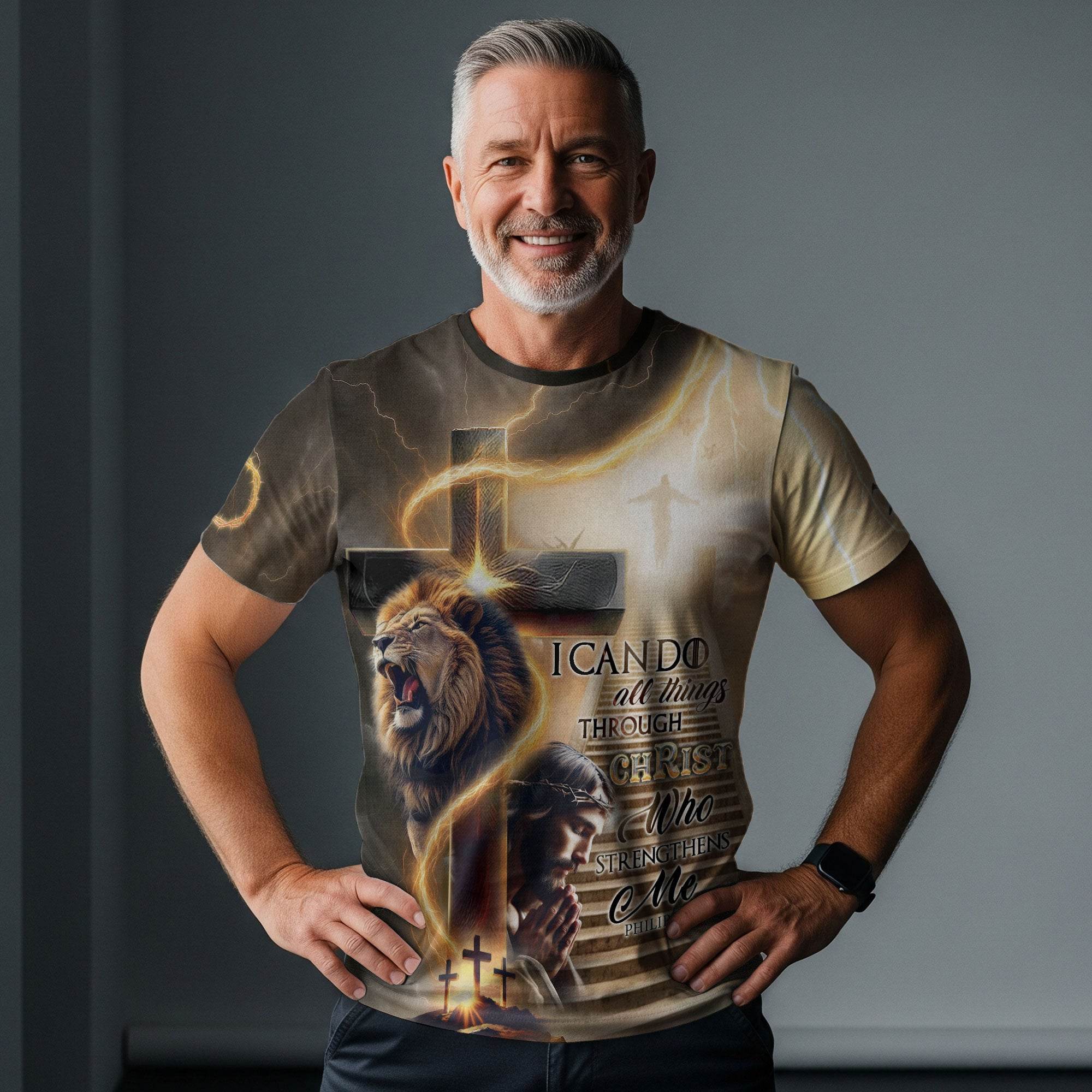 I Can Do All Things Through Christ Lion Cross Lightning T-Shirt