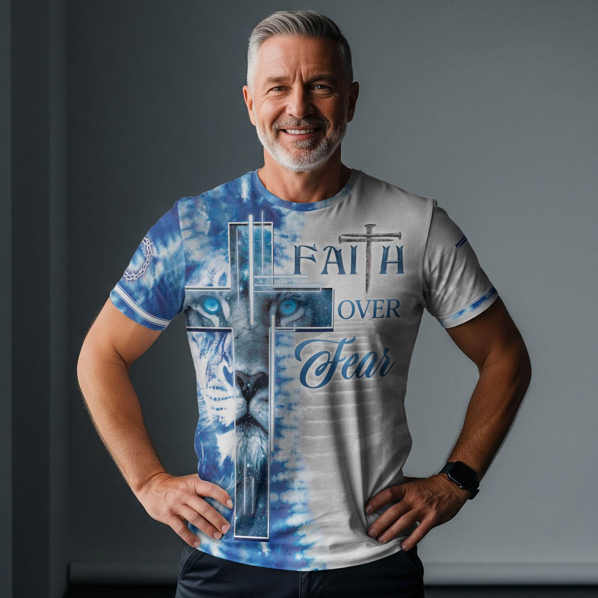 Faith Over Fear Blue Lion Cross Christian T-Shirt