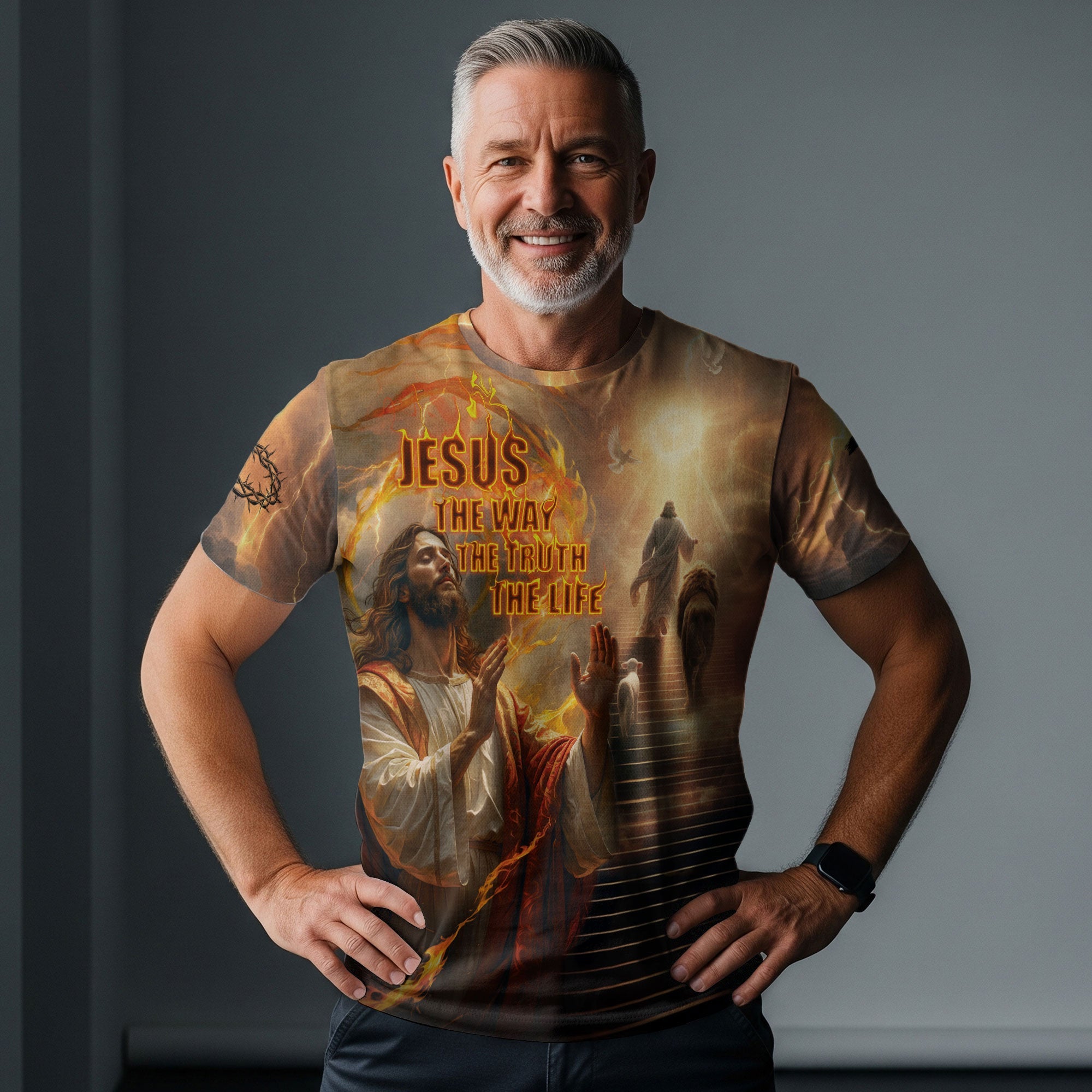 Jesus The Way The Truth The Life Lion and Lamb Fire Christian T-Shirt