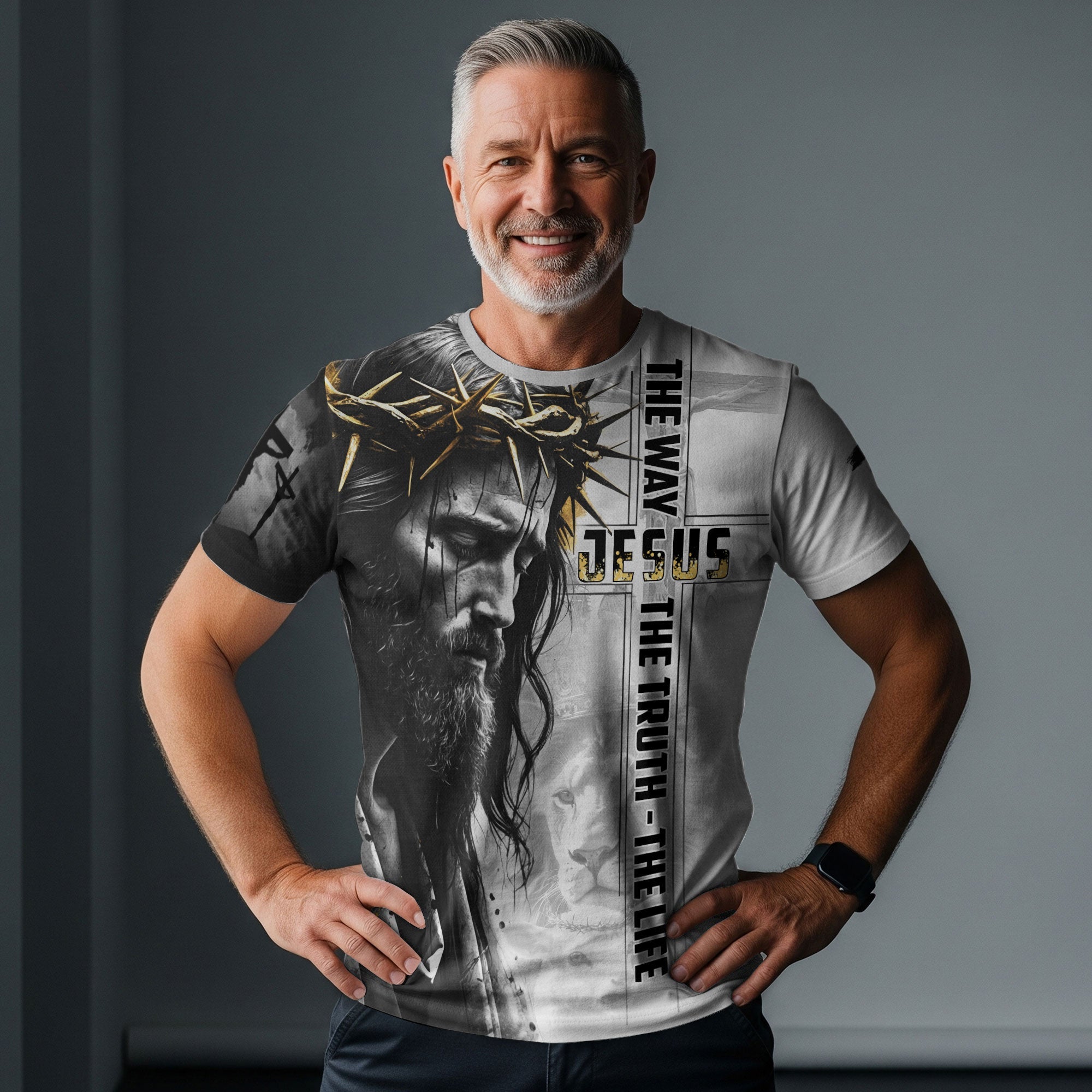 Jesus The Way The Truth The Life Black White Gold Lion Christian T-Shirt