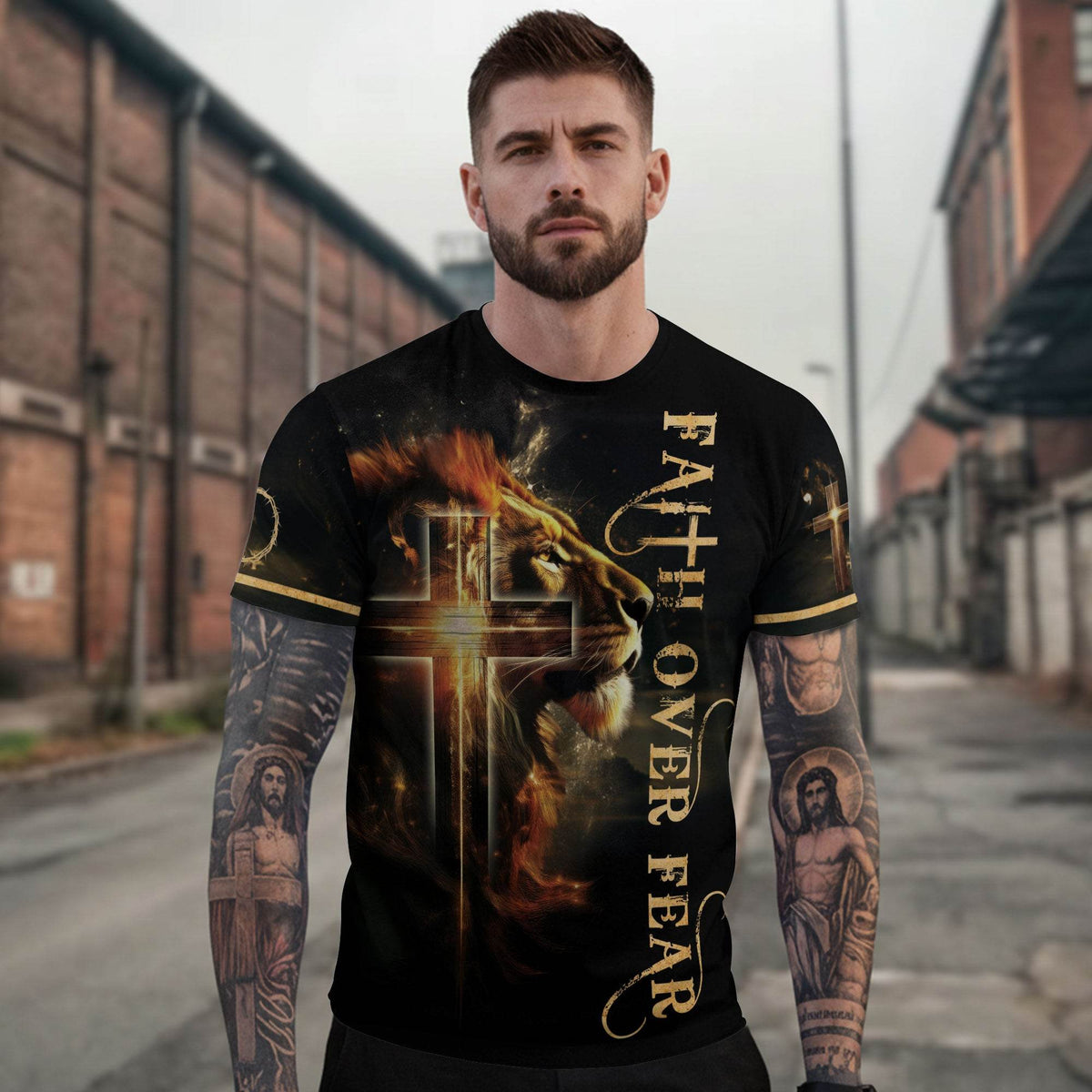 Faith Over Fear Lion and Cross Double-Sided Christian T-Shirt