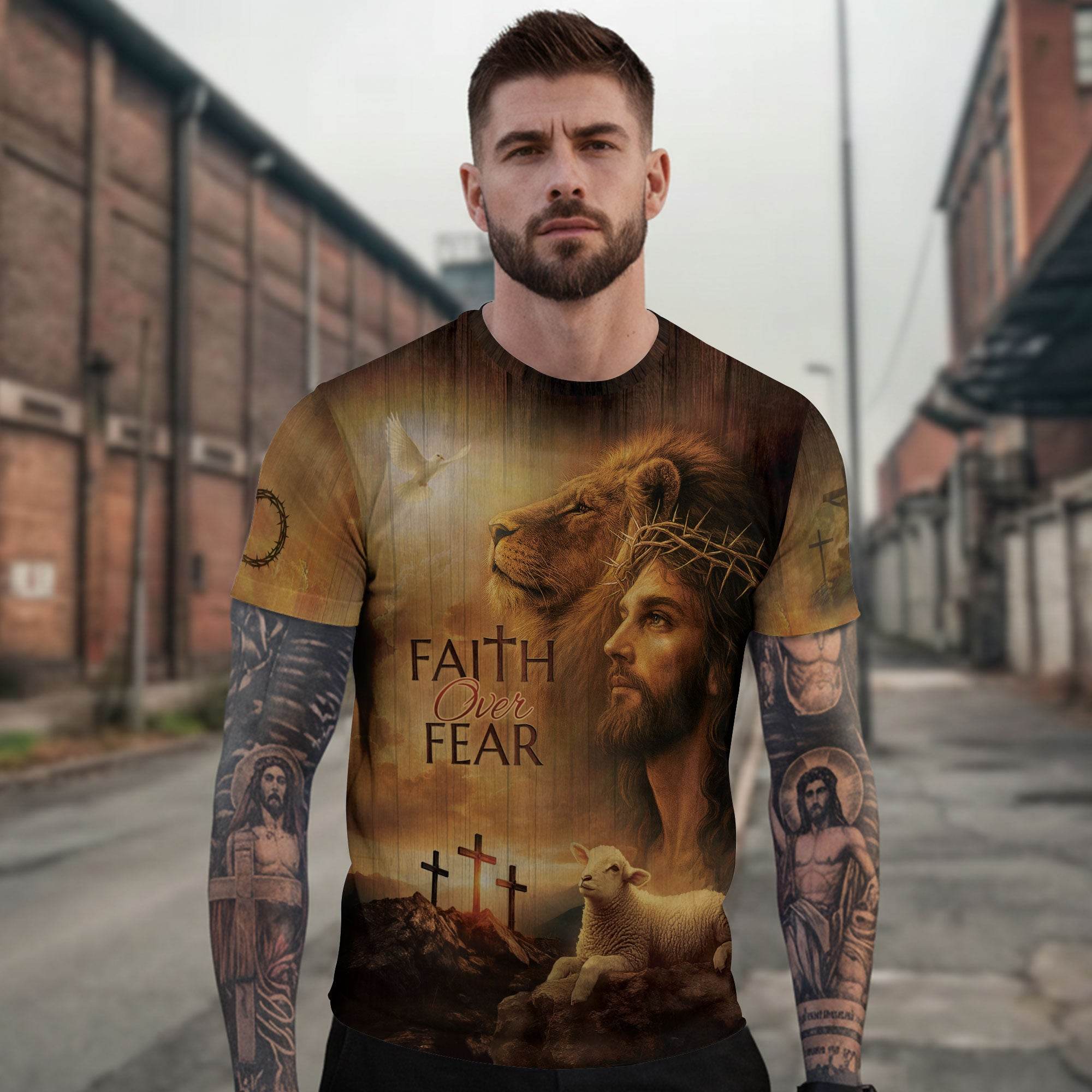 Faith Over Fear Lion, Jesus & Lamb T-Shirt