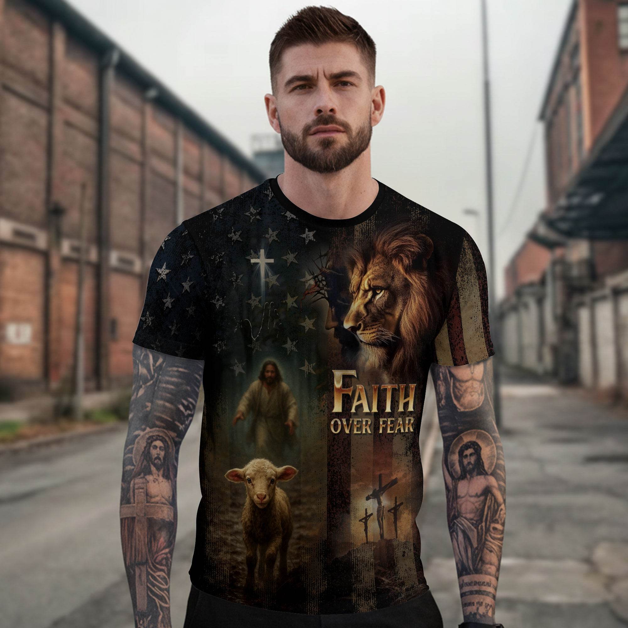Faith Over Fear Lion & Lamb Christian Cross T-Shirt