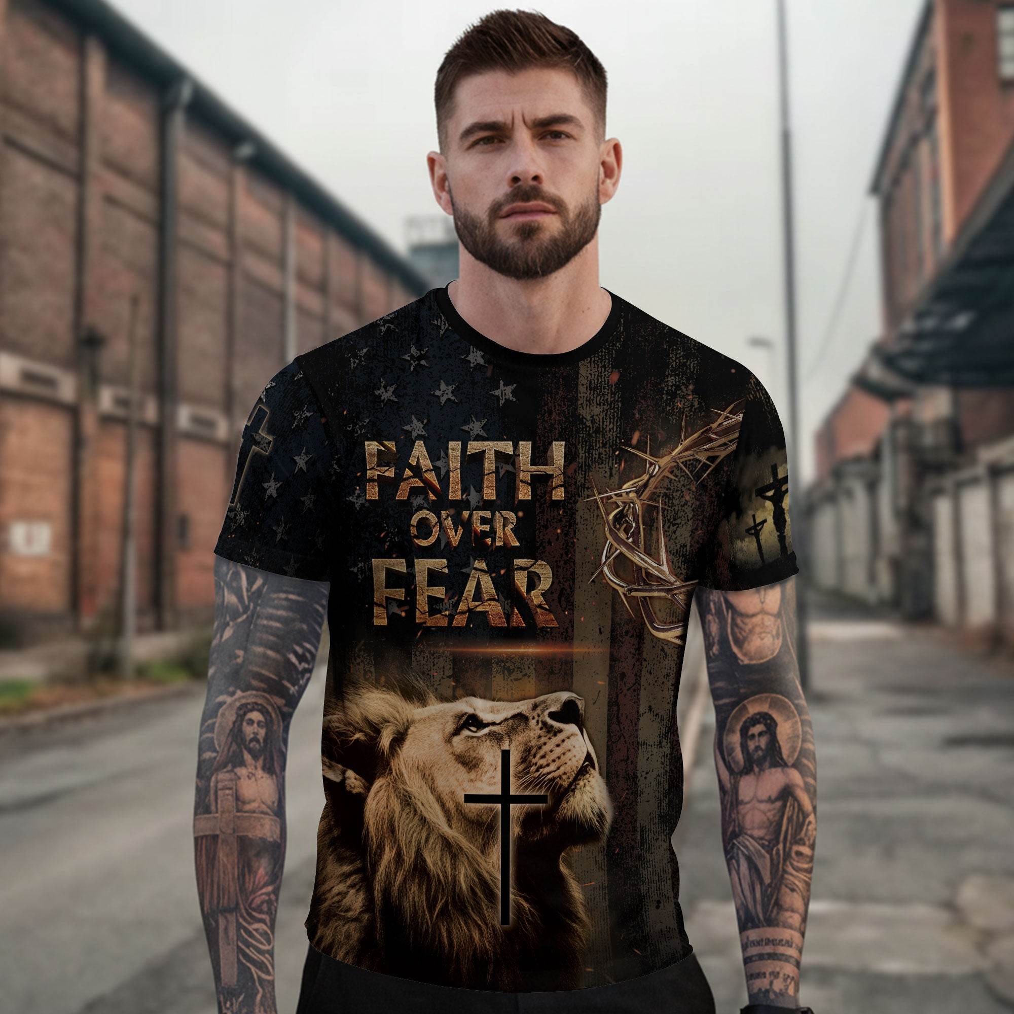 Faith Over Fear | Rugged Cross & Warrior Lion Patriotic Tee
