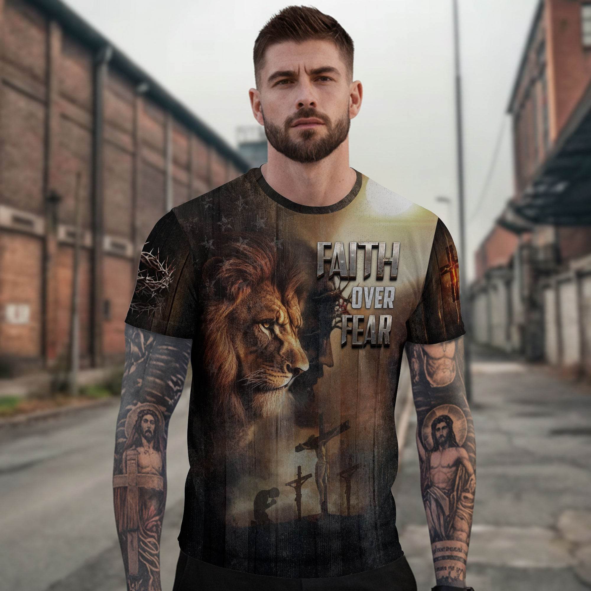 Faith Over Fear Lion & Cross Patriotic T-Shirt