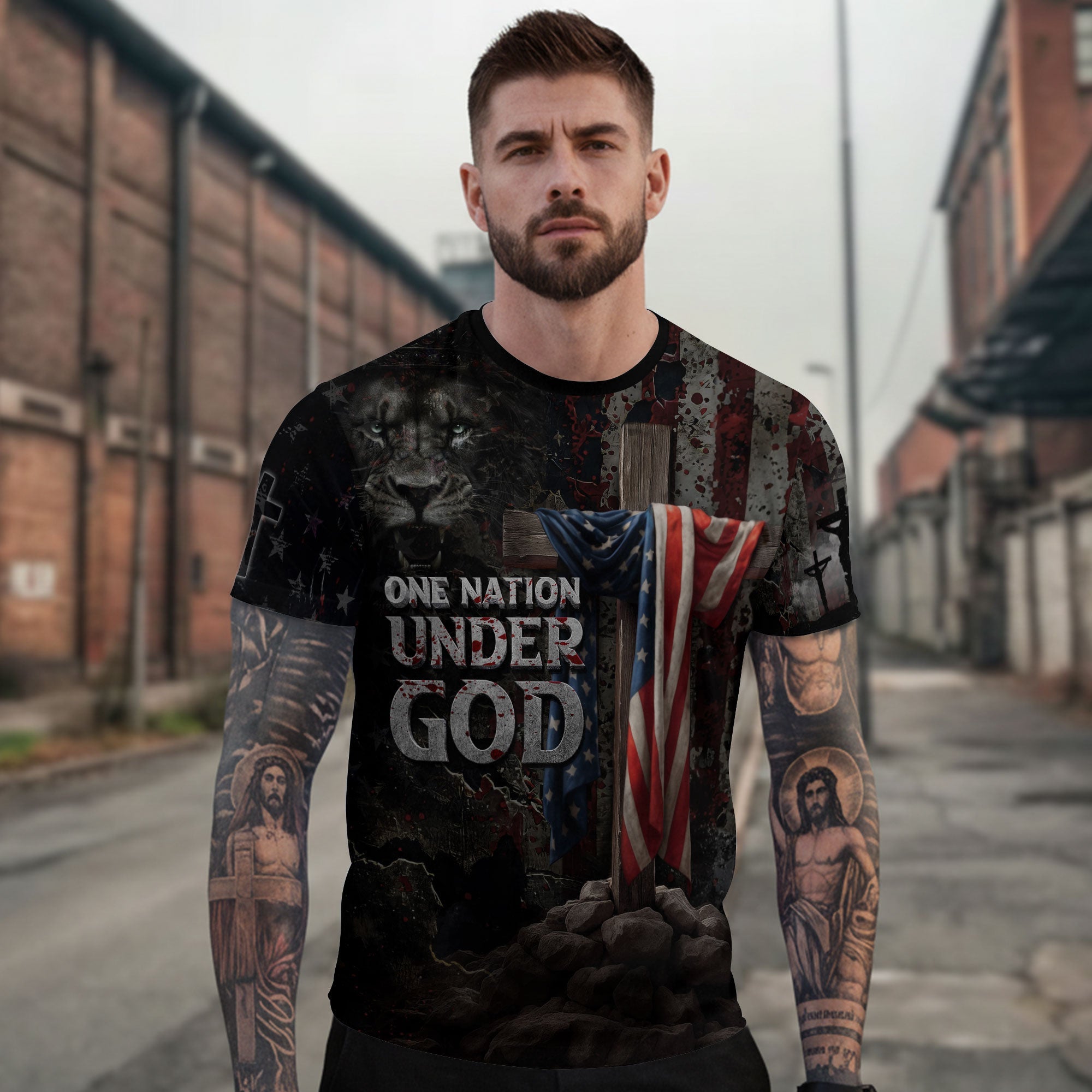 One Nation Under God Lion & Cross T-Shirt