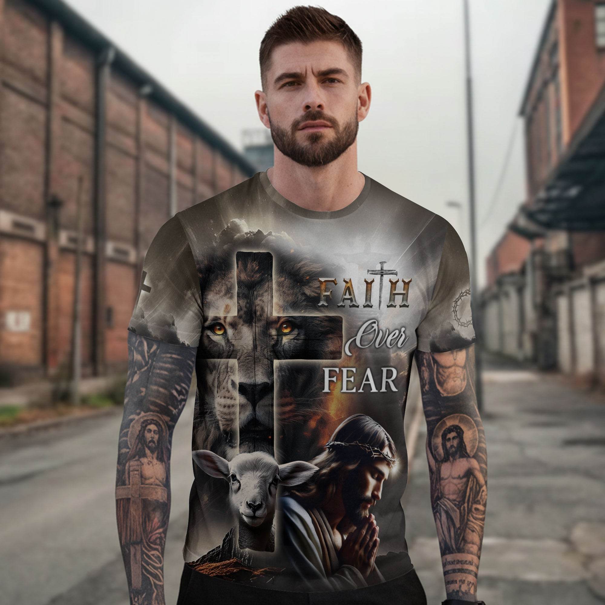 Faith Over Fear Lion Cross & Lamb Christian T-Shirt