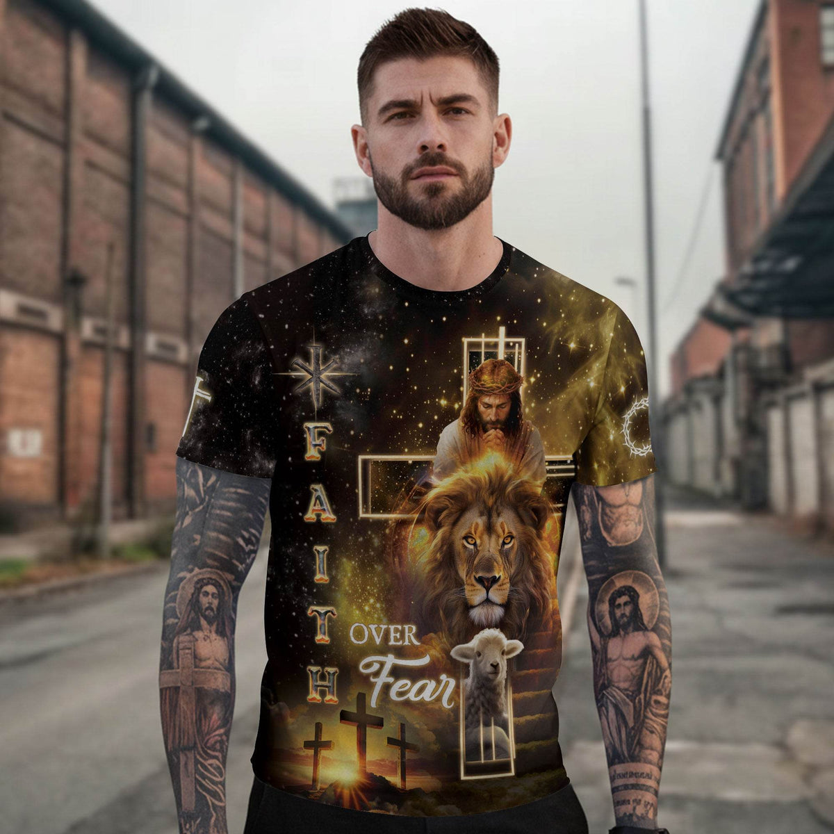 Faith Over Fear Golden Cross Christian T-Shirt