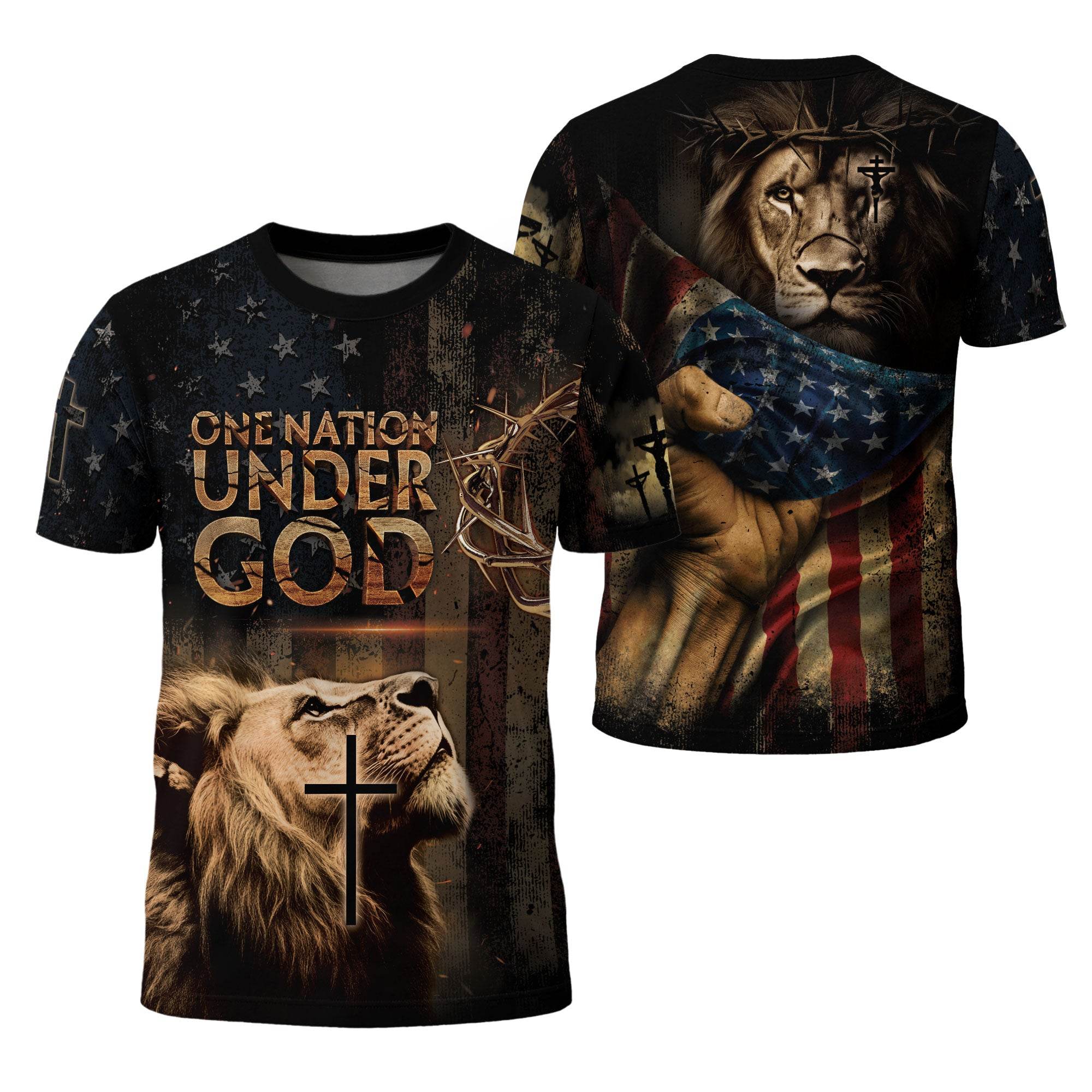 One Nation Under God | Lion of Judah & Cross Shield Christian Tee