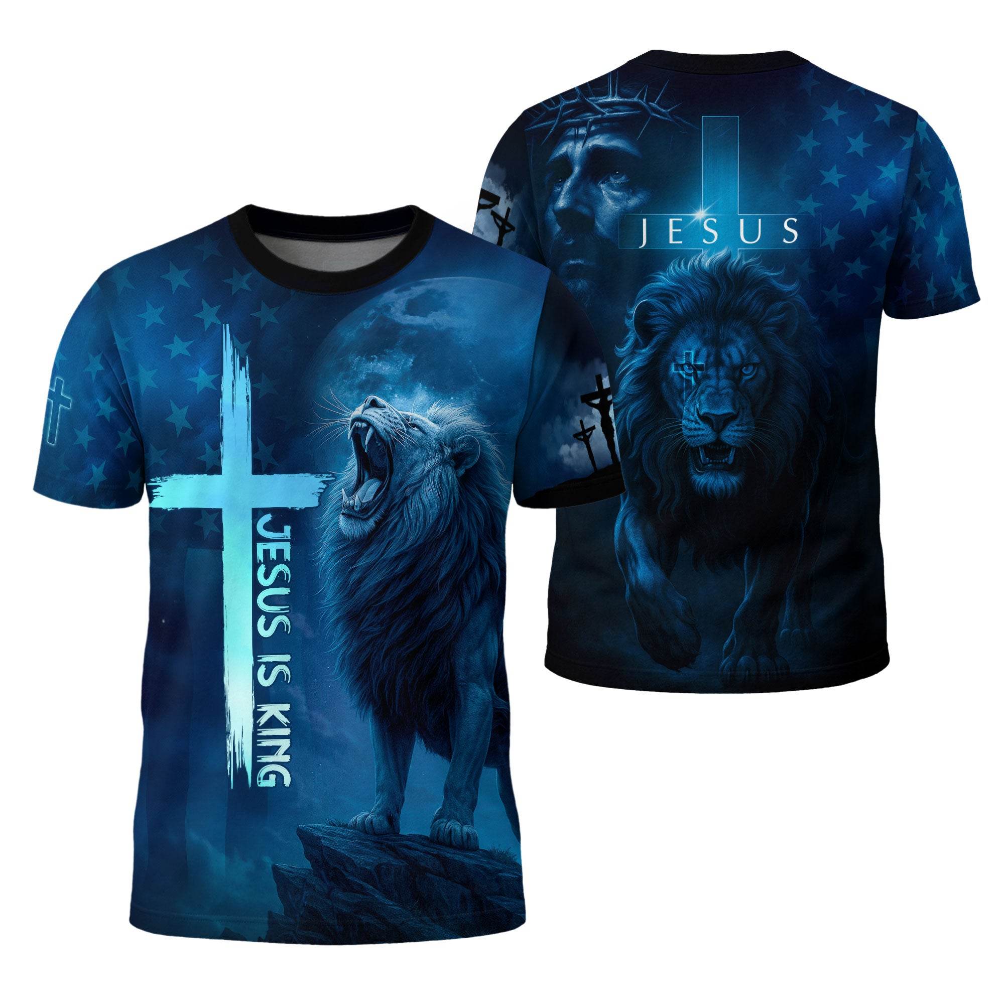 Jesus Is King Lion & Cross Night Sky Design T-Shirt