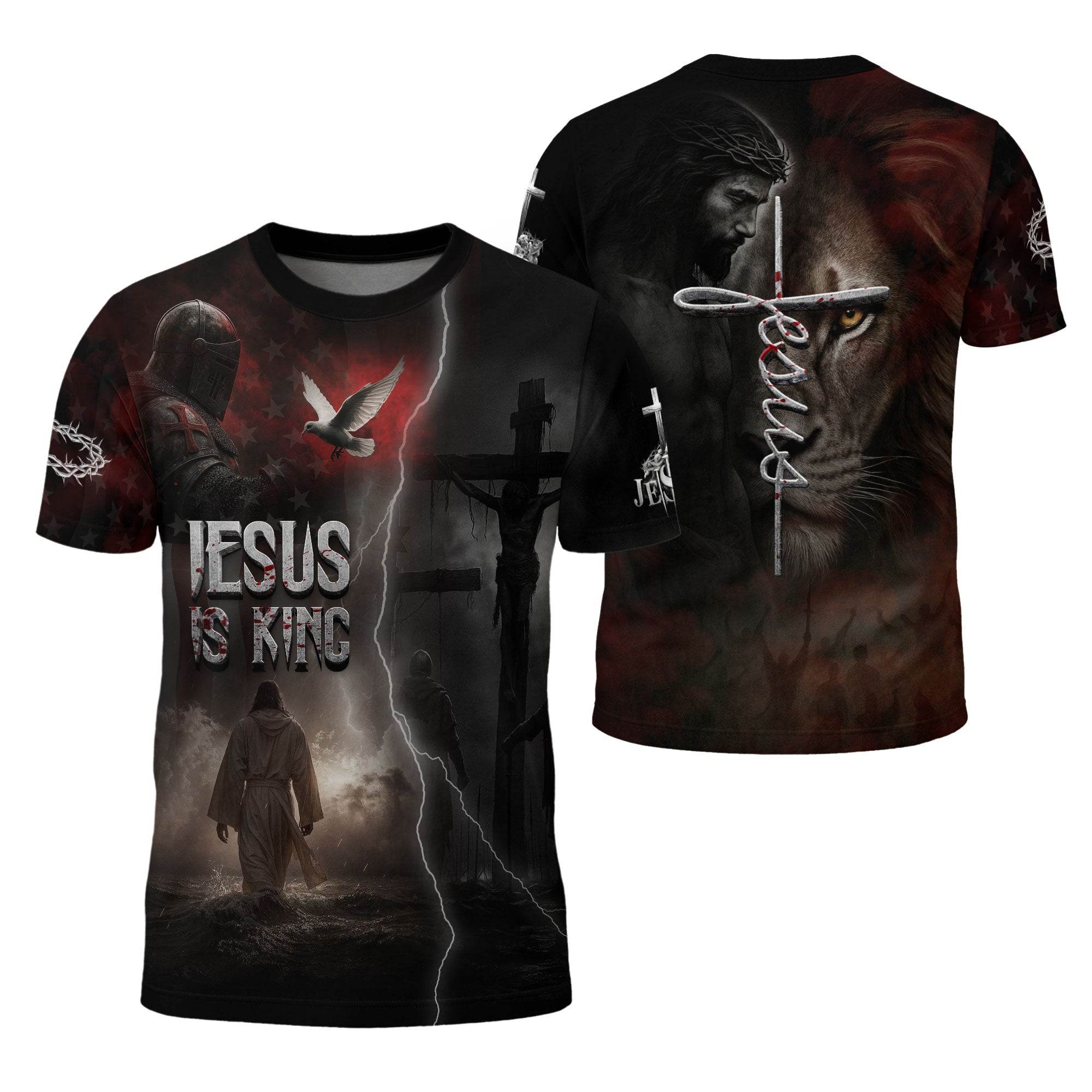 Jesus Is King Lion and Cross Blue Night Design T-Shirt