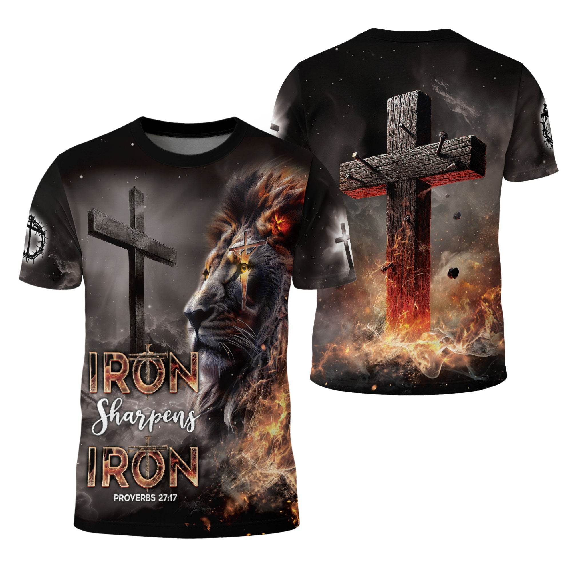 Iron Sharpens Iron Fiery Lion Cross Christian T-Shirt