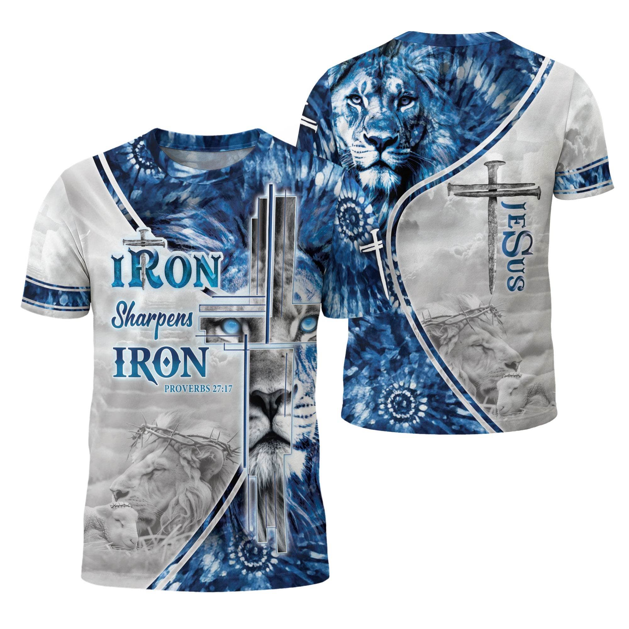 Iron Sharpens Iron Blue Lion Cross Christian T-Shirt