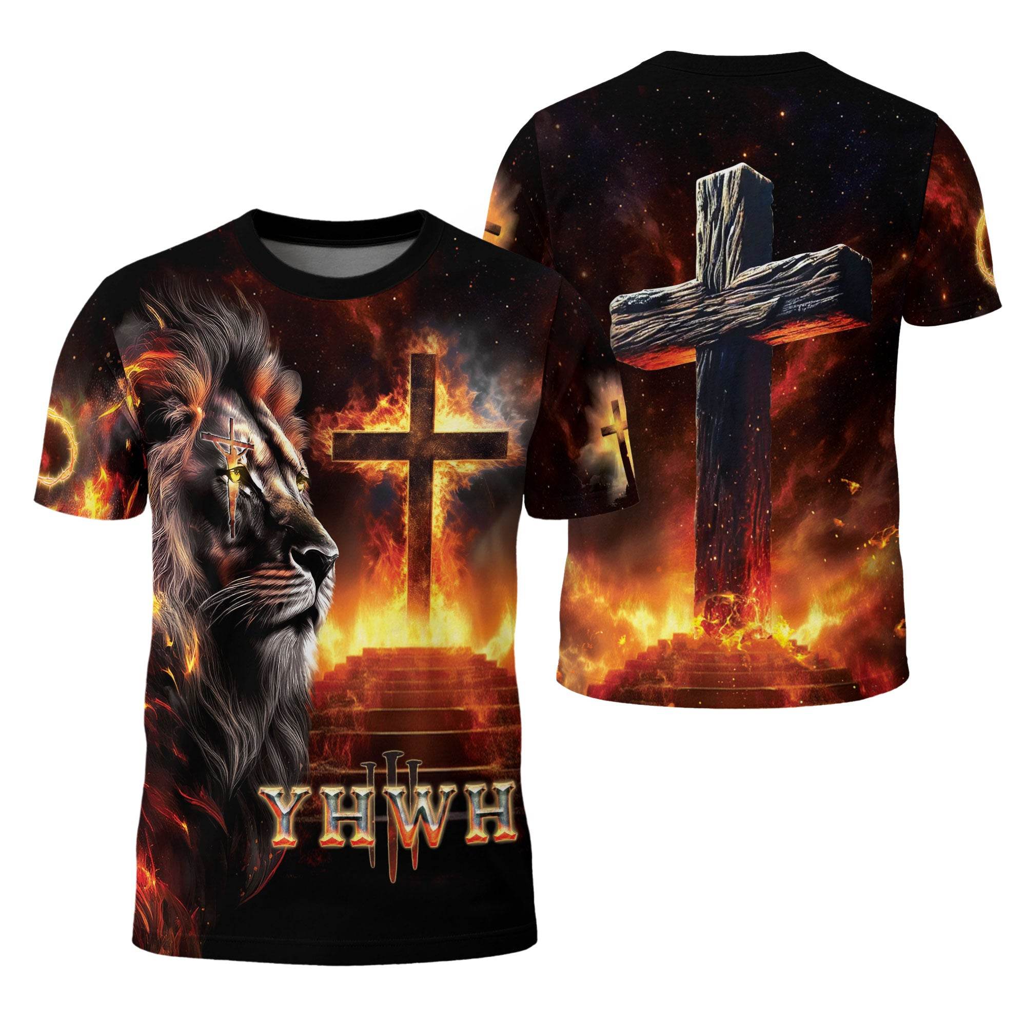 YHWH Fiery Lion of Judah & Burning Cross Christian T-Shirt
