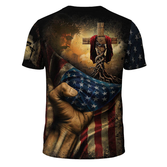 Rooted in Christ | Colossians 2:7 Cross & Vine Christian Patriot Tee