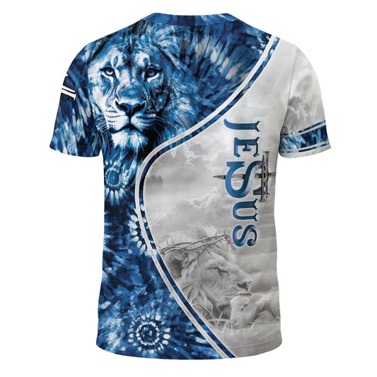 Faith Over Fear & Jesus Lion Cross T-Shirt – Christian Courage in Blue