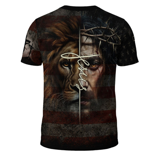 Faith Over Fear Cross American Flag Lion of Judah Jesus Christian T-Shirt