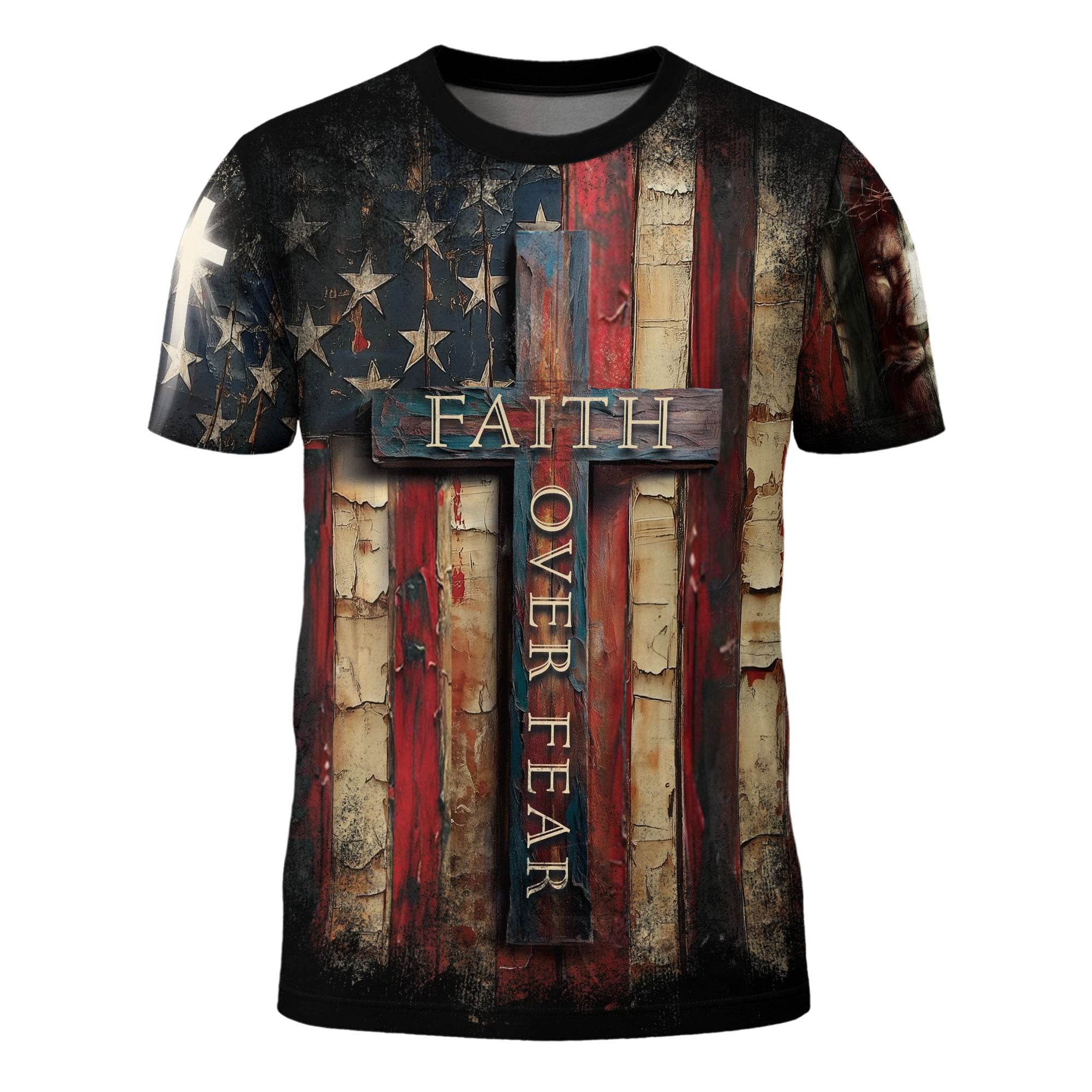Faith Over Fear Cross Shirt – Rustic American Flag Christian Tee