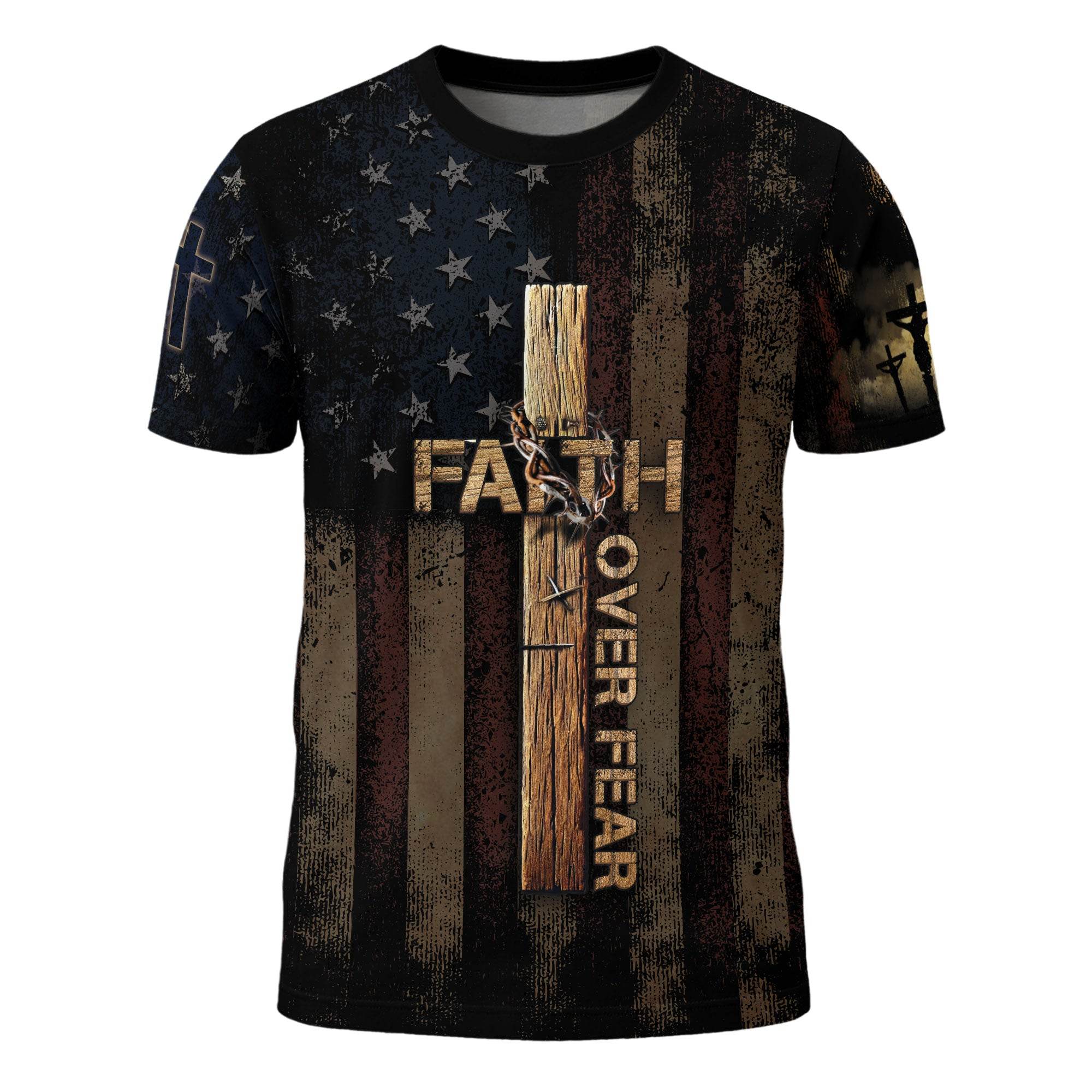 FAITH OVER FEAR | Cross & Crown of Thorns Patriotic Tee