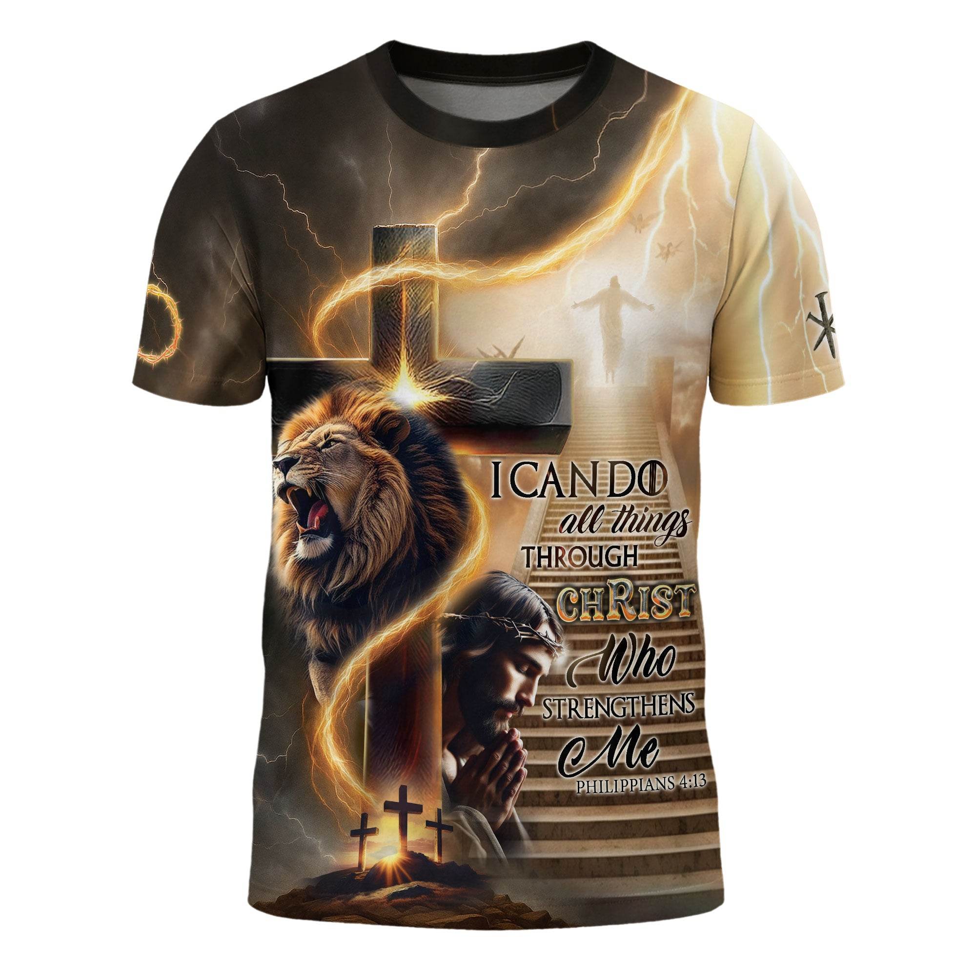 I Can Do All Things Through Christ Lion Cross Lightning T-Shirt
