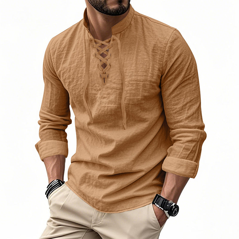 Men’s Casual Henley Shirt – Lightweight Breathable Lace-Up Collar Top