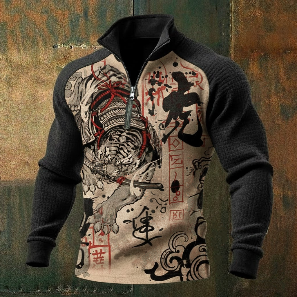 Men's Ink Dragon Tiger Long-Sleeve High-Neck Quarter-Zip Waffle Pullover