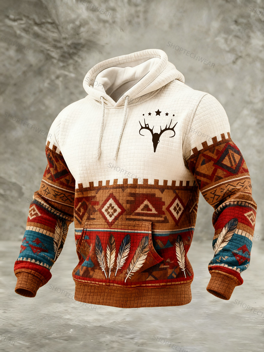 Navajo-Inspired Graphic Hoodie Tribal Pattern Deer Skull Quilted Top