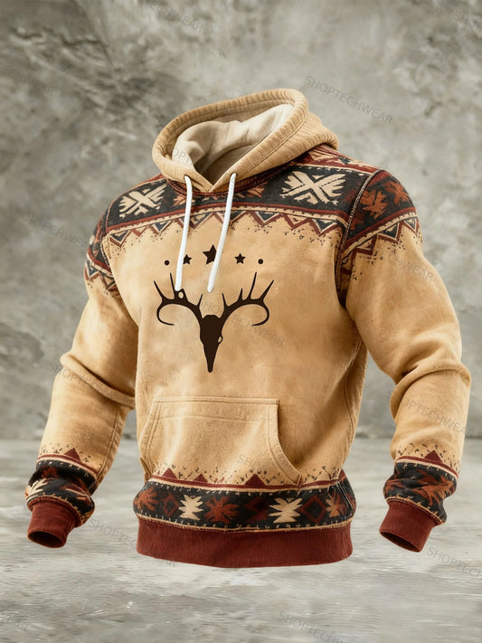 Navajo-Inspired Graphic Print Deer Skull Geometric Tribal Pattern Hoodie