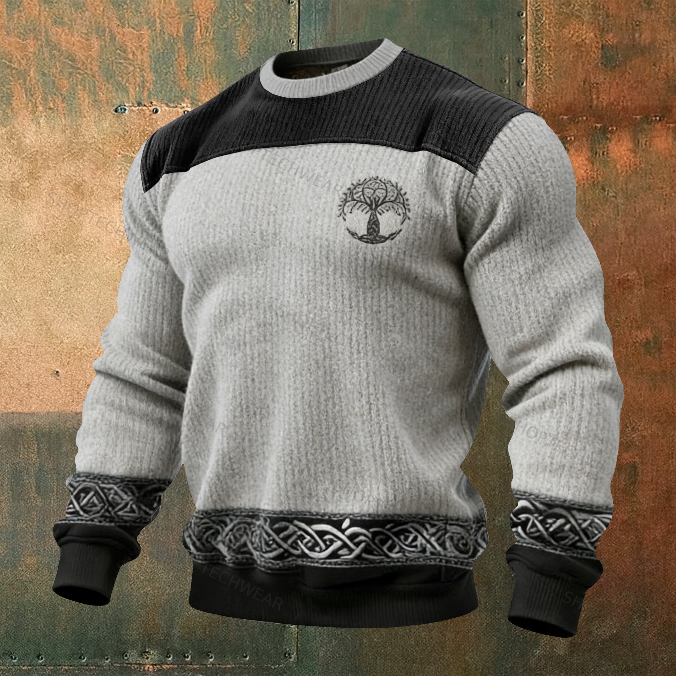 Nordic Celtic Knot & World Tree Minimalist Printed Ribbed Knit Pullover