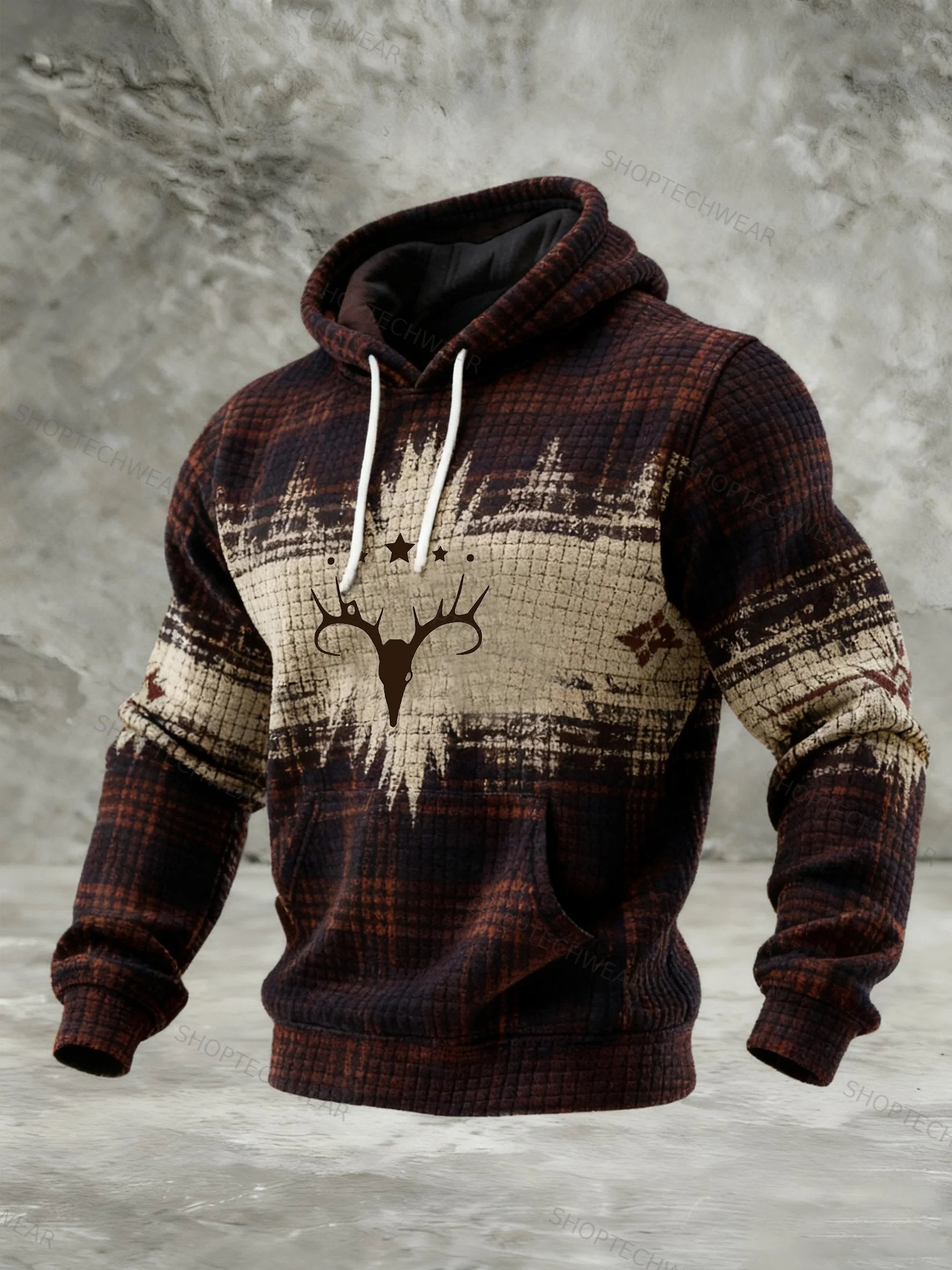 Navajo-Inspired Graphic Hoodie Tribal Aztec Print with Deer Head Details