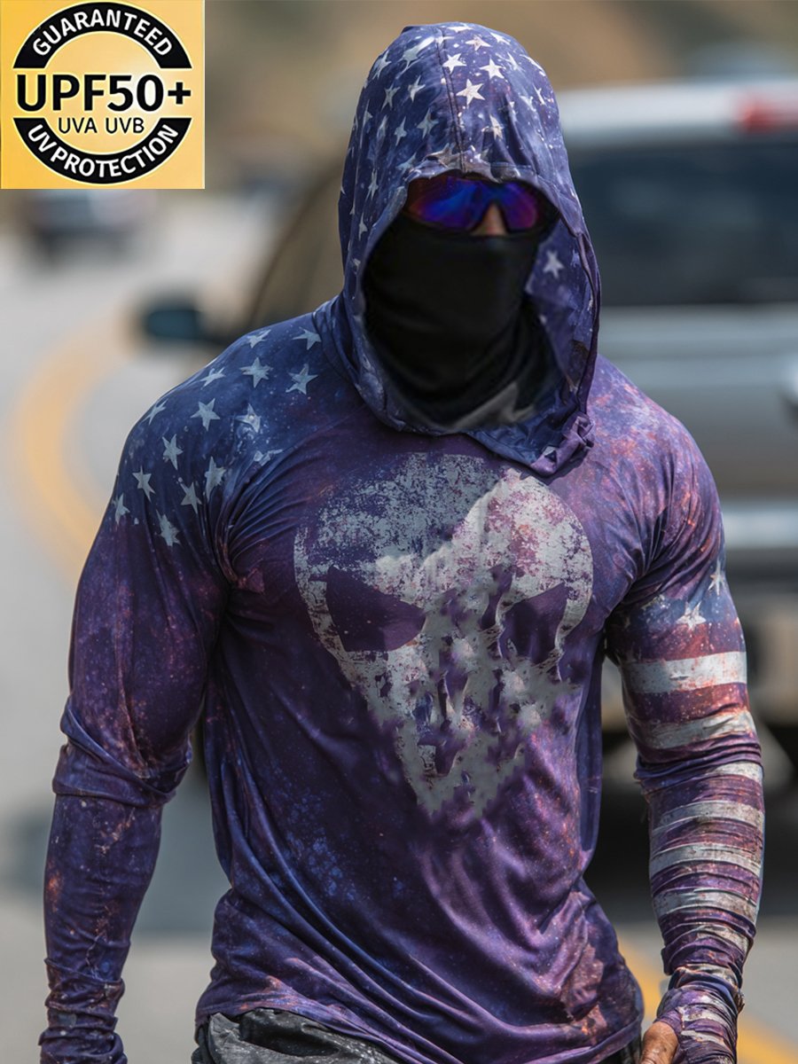Men's Retro Skull Outdoor Sun Protection Breathable Cooling Mask Hooded Sun Protection Long Sleeve Top