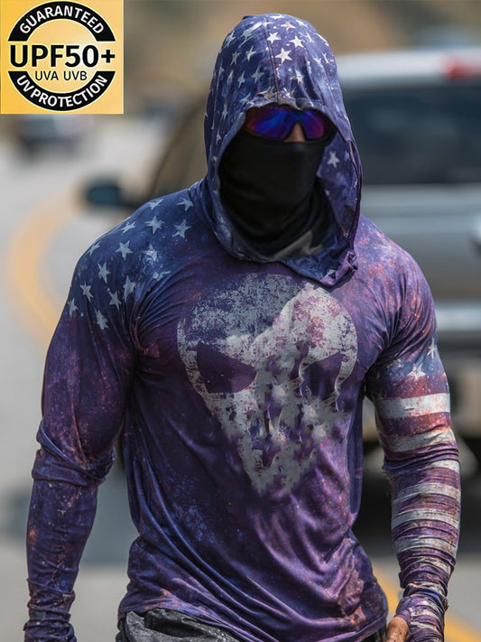 Men's Retro Skull Outdoor Sun Protection Breathable Cooling Mask Hooded Sun Protection Long Sleeve Top