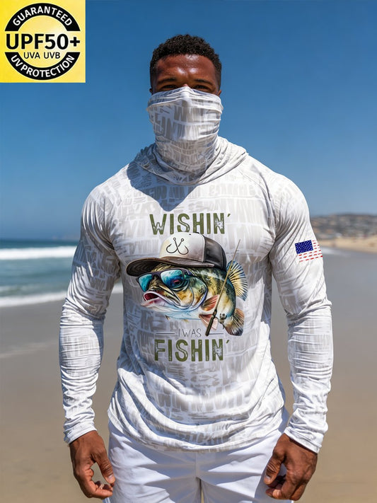 Men's Outdoor Sun Protection Breathable Cool Face Mask Hooded Printed Long-Sleeved Top