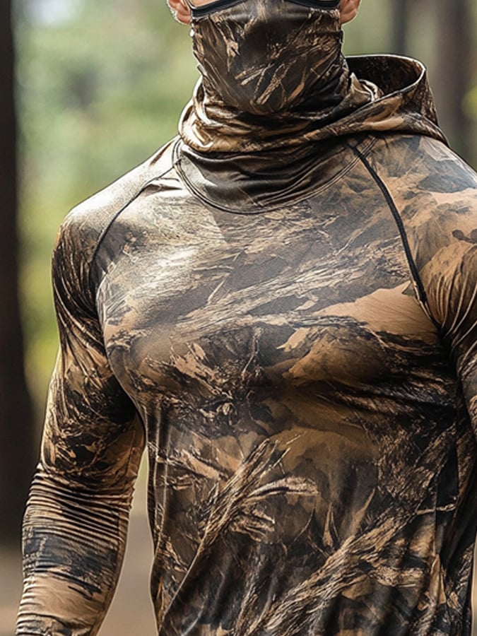 Men's Outdoor Sun Protection Breathable Cool Hunting Camouflage Mask Hooded Sun Protection Long-Sleeved Top