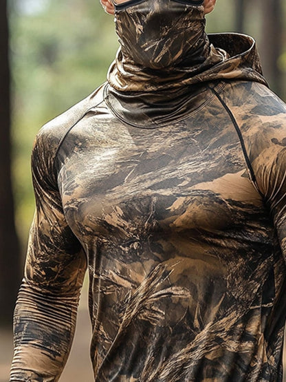 Men's Outdoor Sun Protection Breathable Cool Hunting Camouflage Mask Hooded Sun Protection Long-Sleeved Top