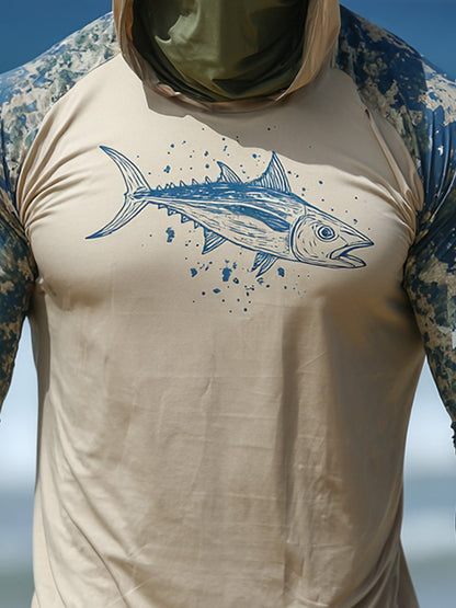 Men's Outdoor Sun Protection Breathable Cool Face Mask Hooded Printed Long-Sleeved Top