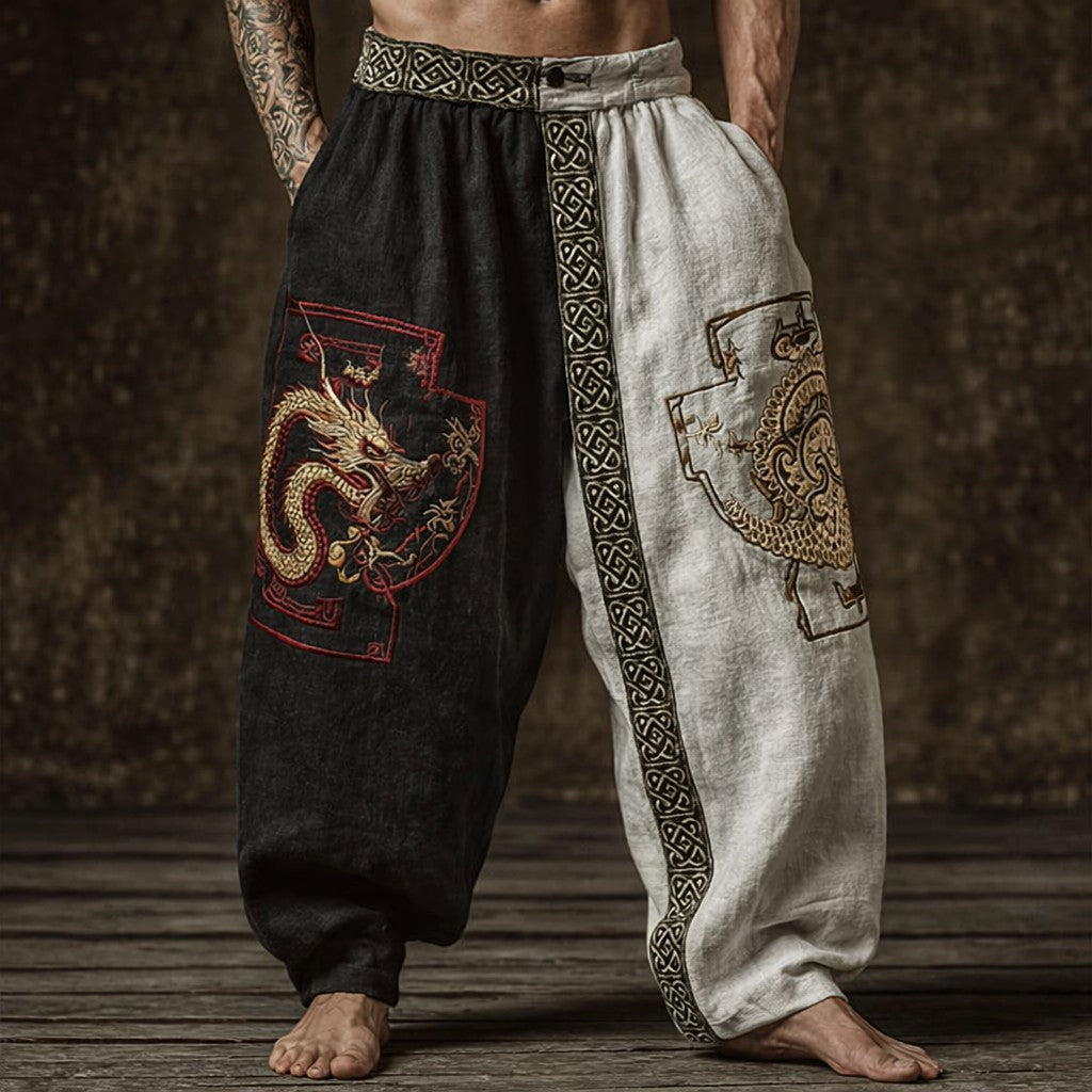 Men's printed vintage Viking style black and white color-block long pants