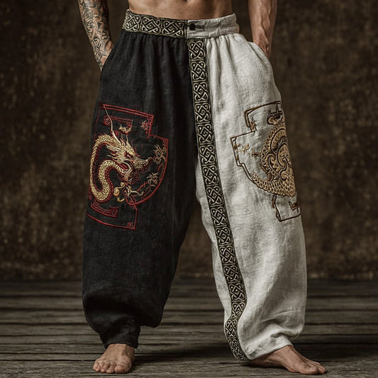 Men's printed vintage Viking style black and white color-block long pants